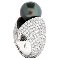 Mikimoto Platinring mit schwarzer Perle und Diamant