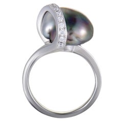 Mikimoto Platinum Diamond and Black Pearl Ring Size 4.75