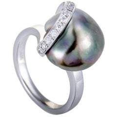 Mikimoto Platinum Diamond and Black Pearl Ring Size 4.75