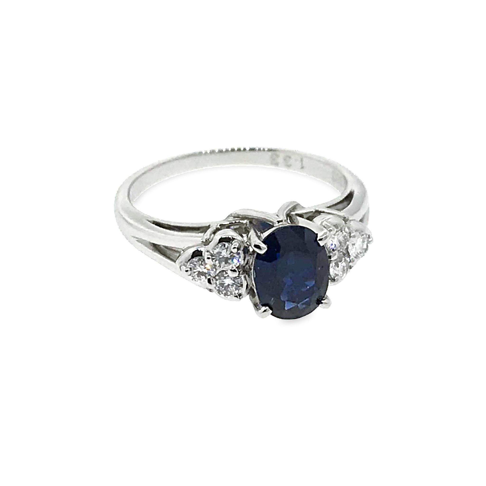 Oval Cut Mikimoto Platinum Diamond and Sapphire Engagement Ring For Sale