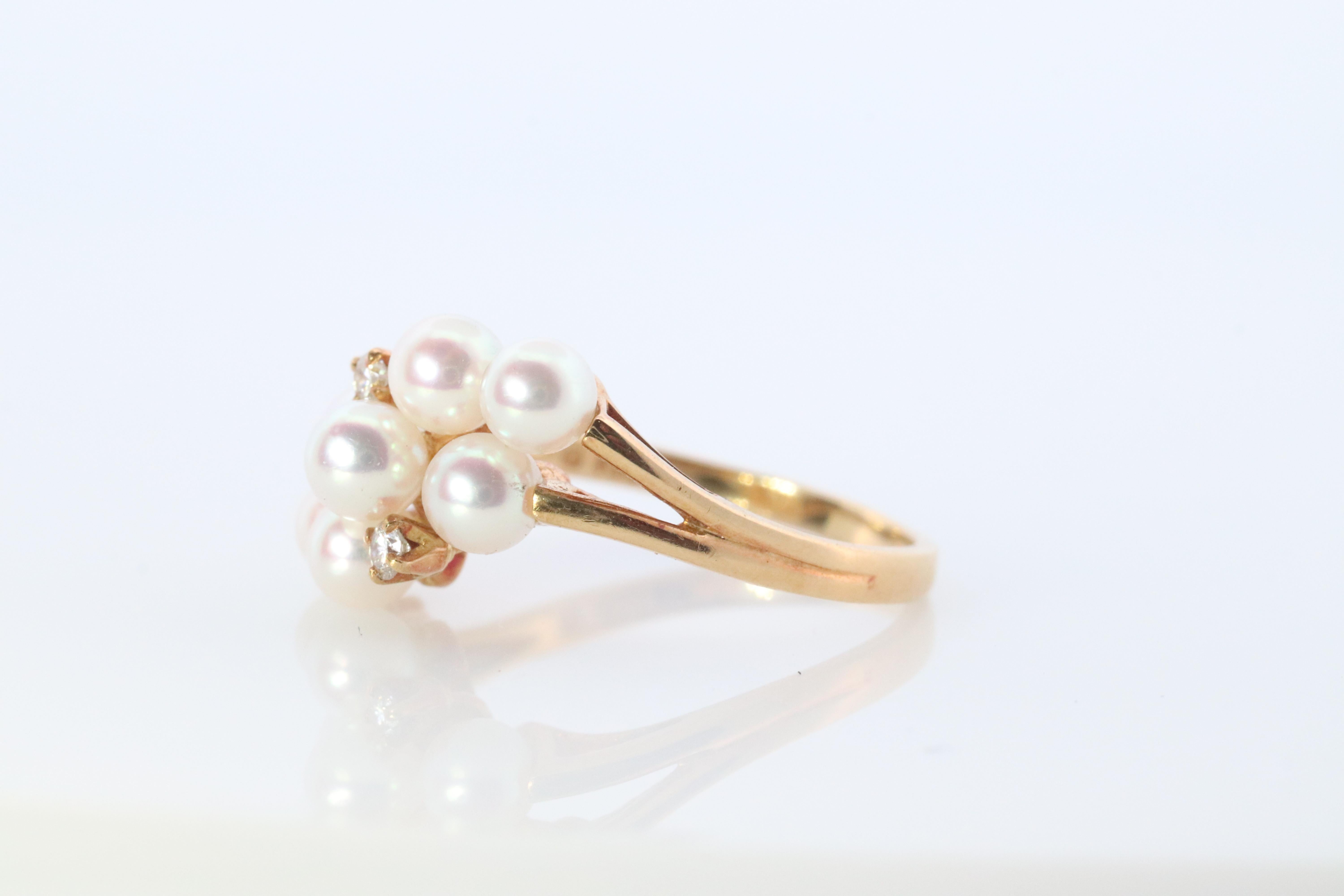 Mikimoto Ring. Vintage 18k Gold Mikimoto Pearl and Diamond Cluster. Vines Grapes For Sale 2