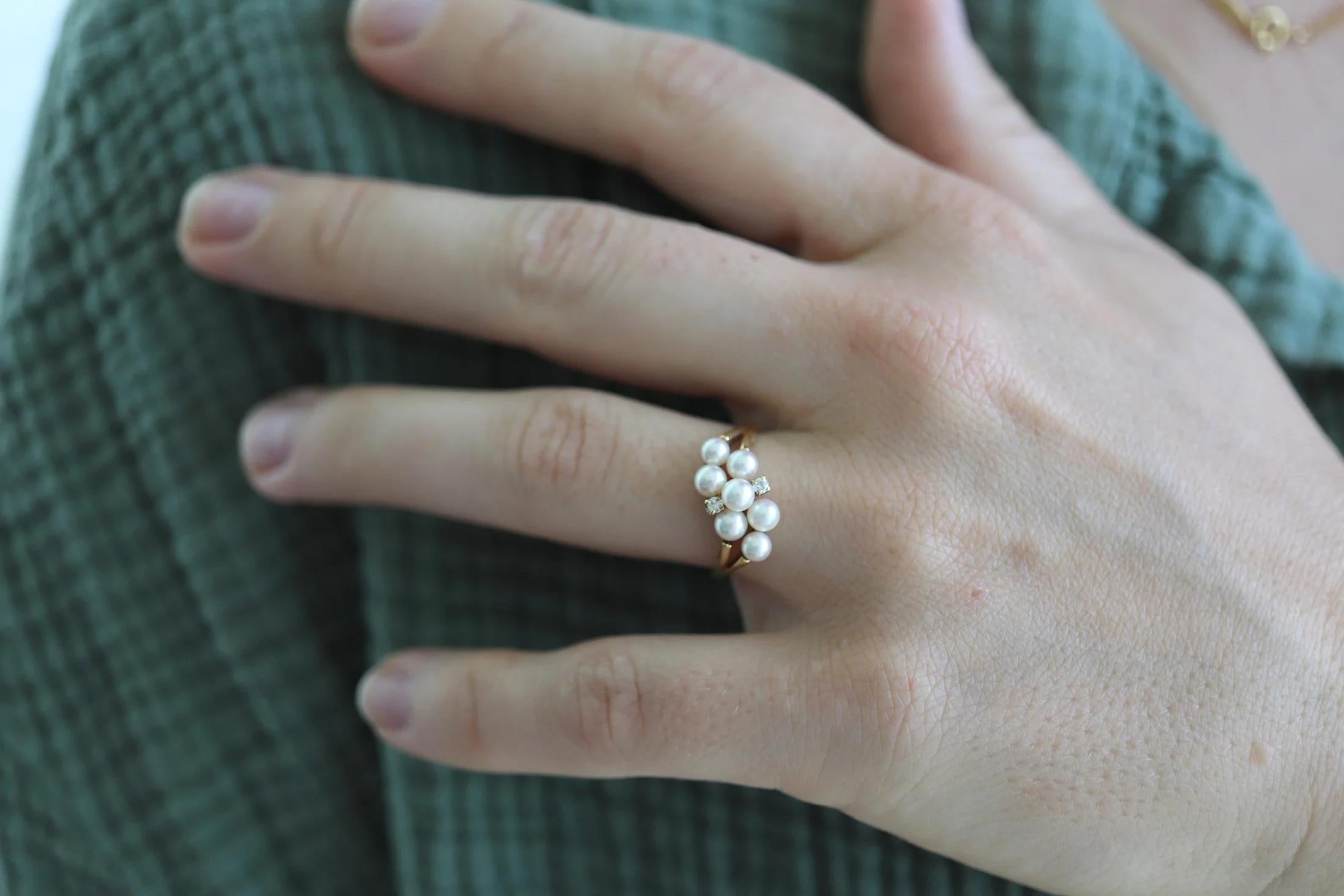 Mikimoto Ring. Vintage 18k Gold Mikimoto Pearl and Diamond Cluster. Vines Grapes For Sale 3