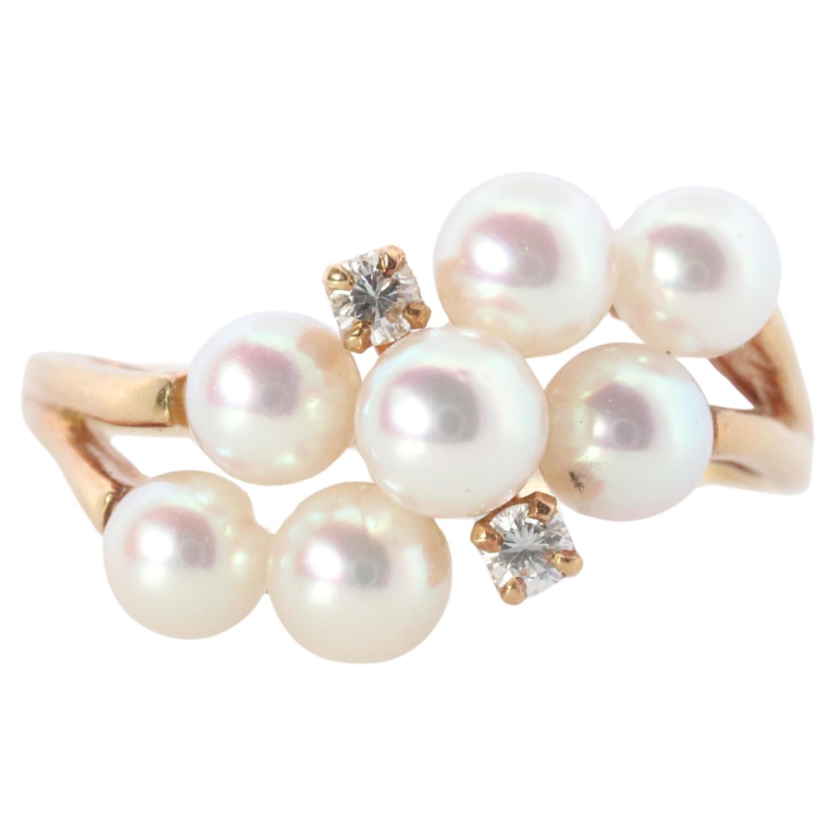Mikimoto Ring. Vintage 18k Gold Mikimoto Pearl and Diamond Cluster. Vines Grapes