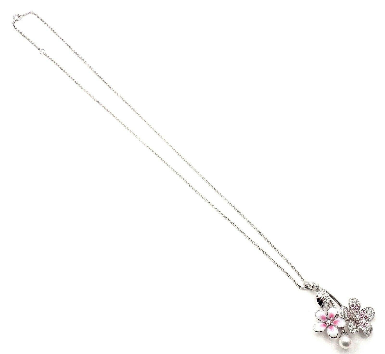 Mikimoto Sakura Diamond Pink Sapphire Pearl Flower White Gold Necklace 3