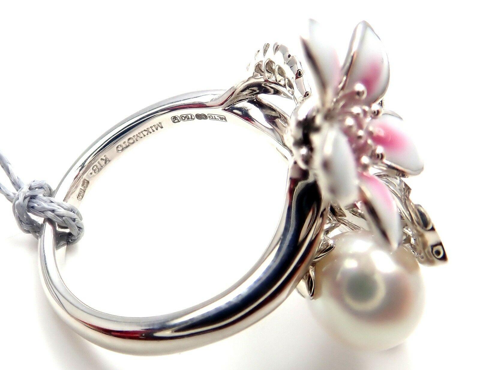 Mikimoto Sakura Diamond Pink Sapphire Pearl White Gold Flower Ring 3