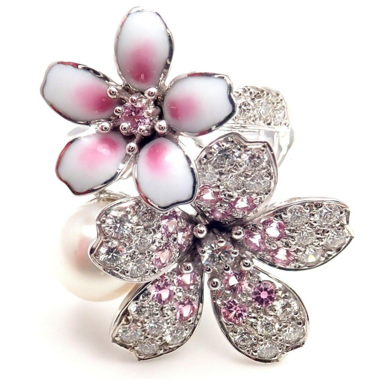 Mikimoto Sakura Diamond Pink Sapphire Pearl White Gold Flower Ring at ...