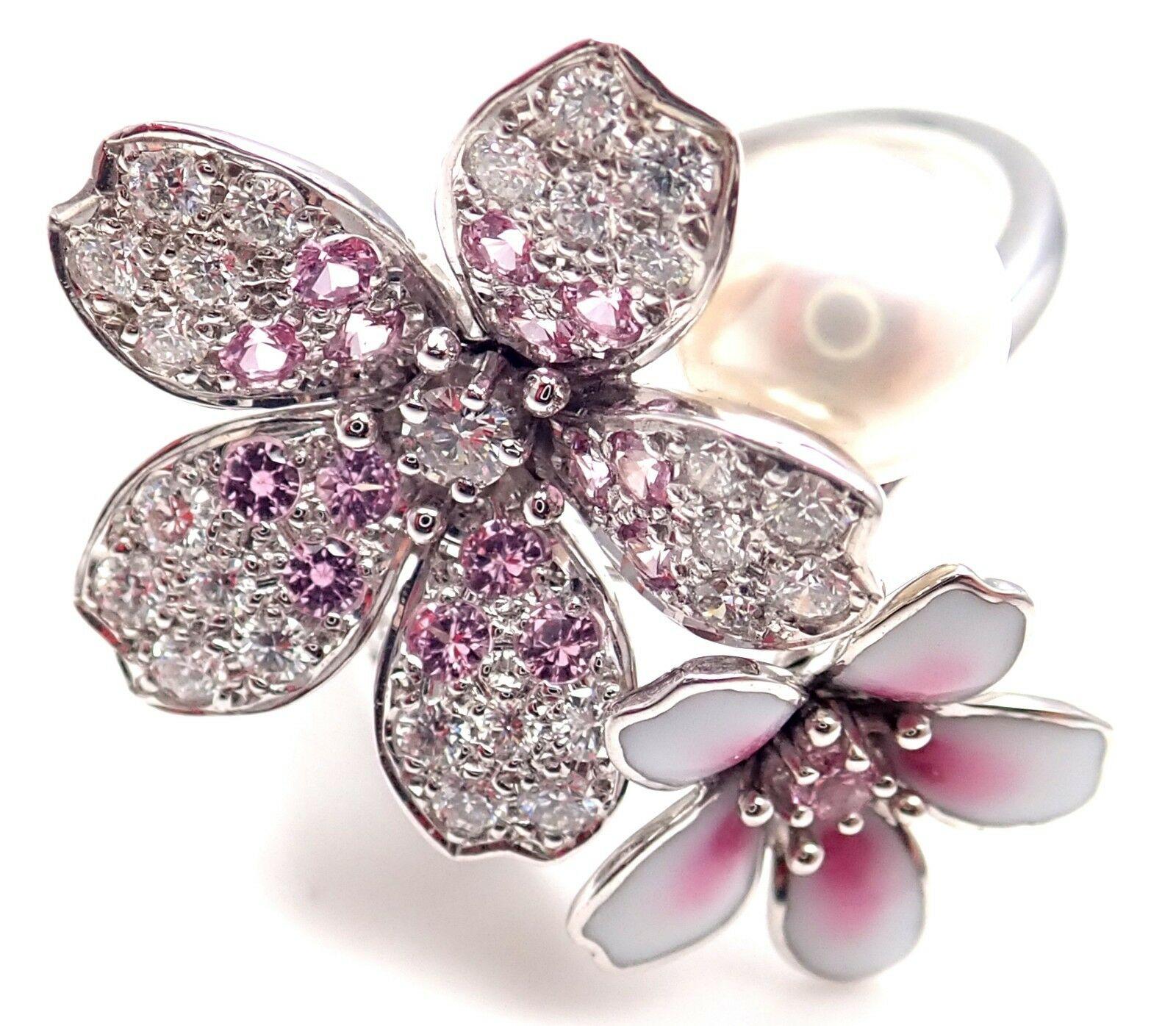 Women's or Men's Mikimoto Sakura Diamond Pink Sapphire Pearl White Gold Flower Ring