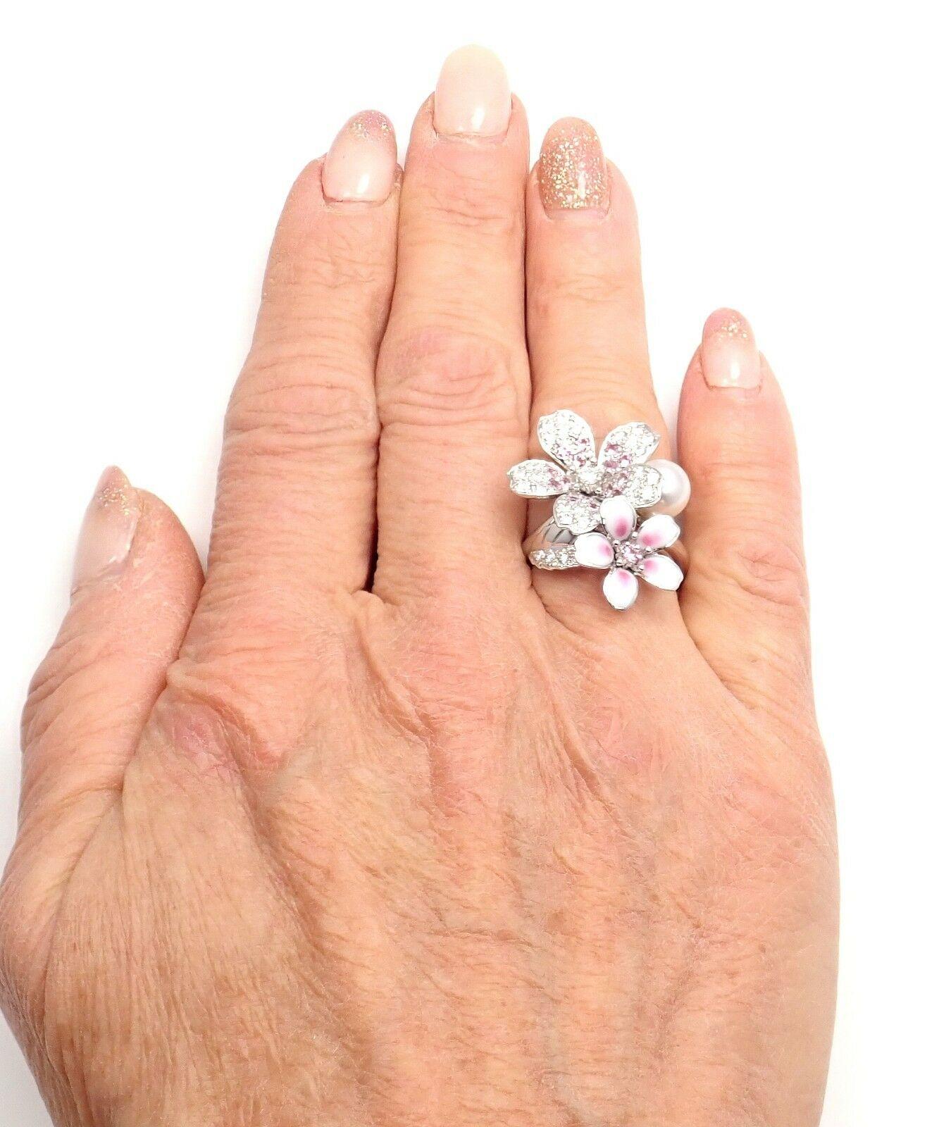 Mikimoto Sakura Diamond Pink Sapphire Pearl White Gold Flower Ring 1
