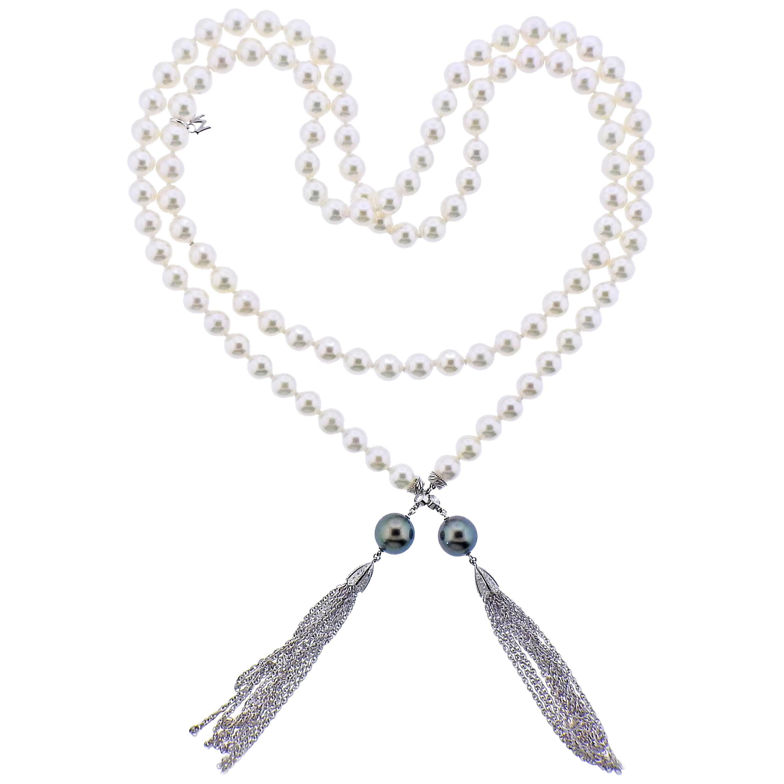 Mikimoto Sautoir Tassel A+ Pearl Gold Diamond Necklace at 1stDibs