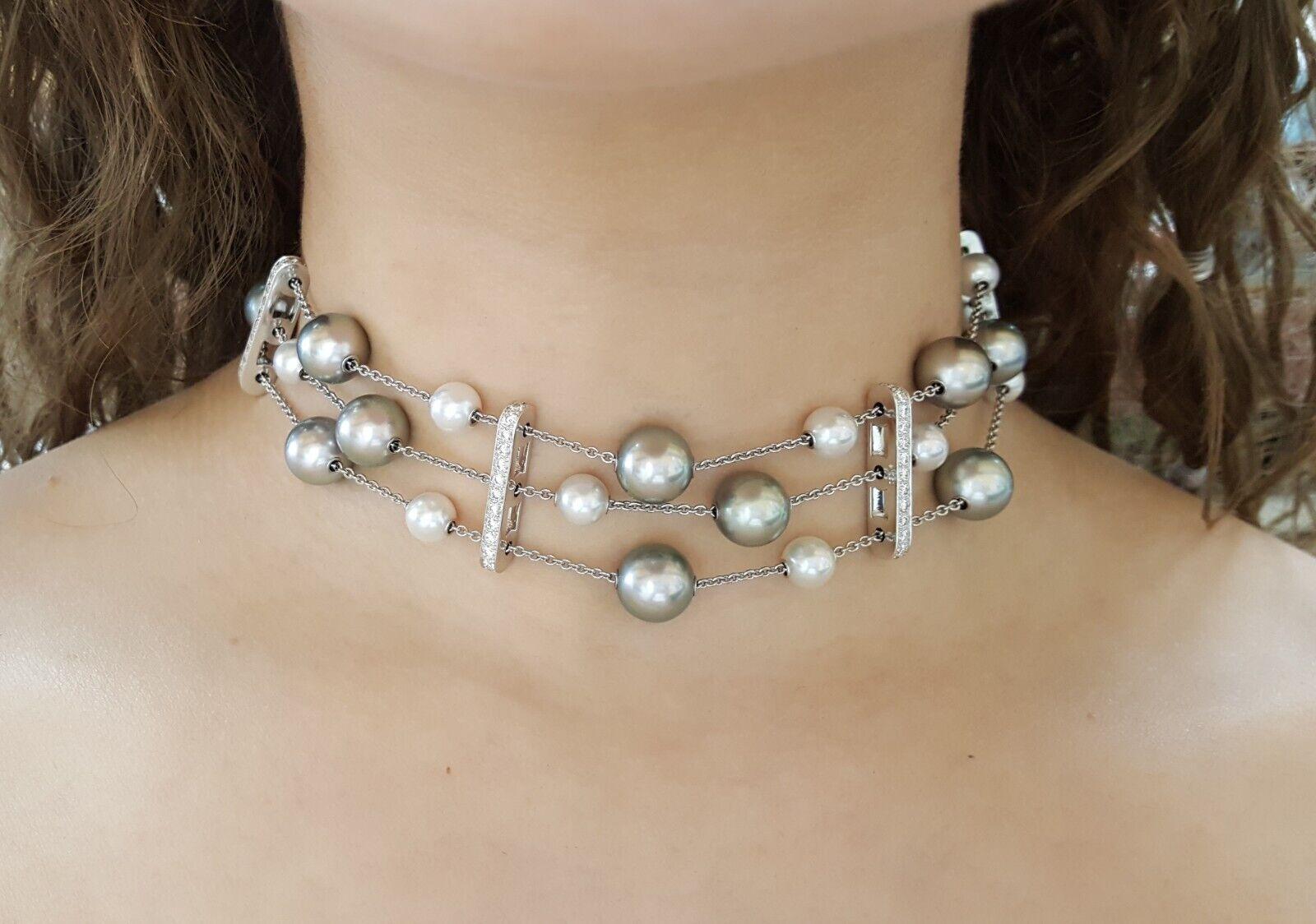 Mikimoto Halskette aus Silber und cremefarbener Perle mit 3 Strängen und Diamanten im Zustand „Hervorragend“ im Angebot in Rome, IT