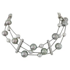 Mikimoto Silver & Cream Pearl 3-Strand Diamond Necklace