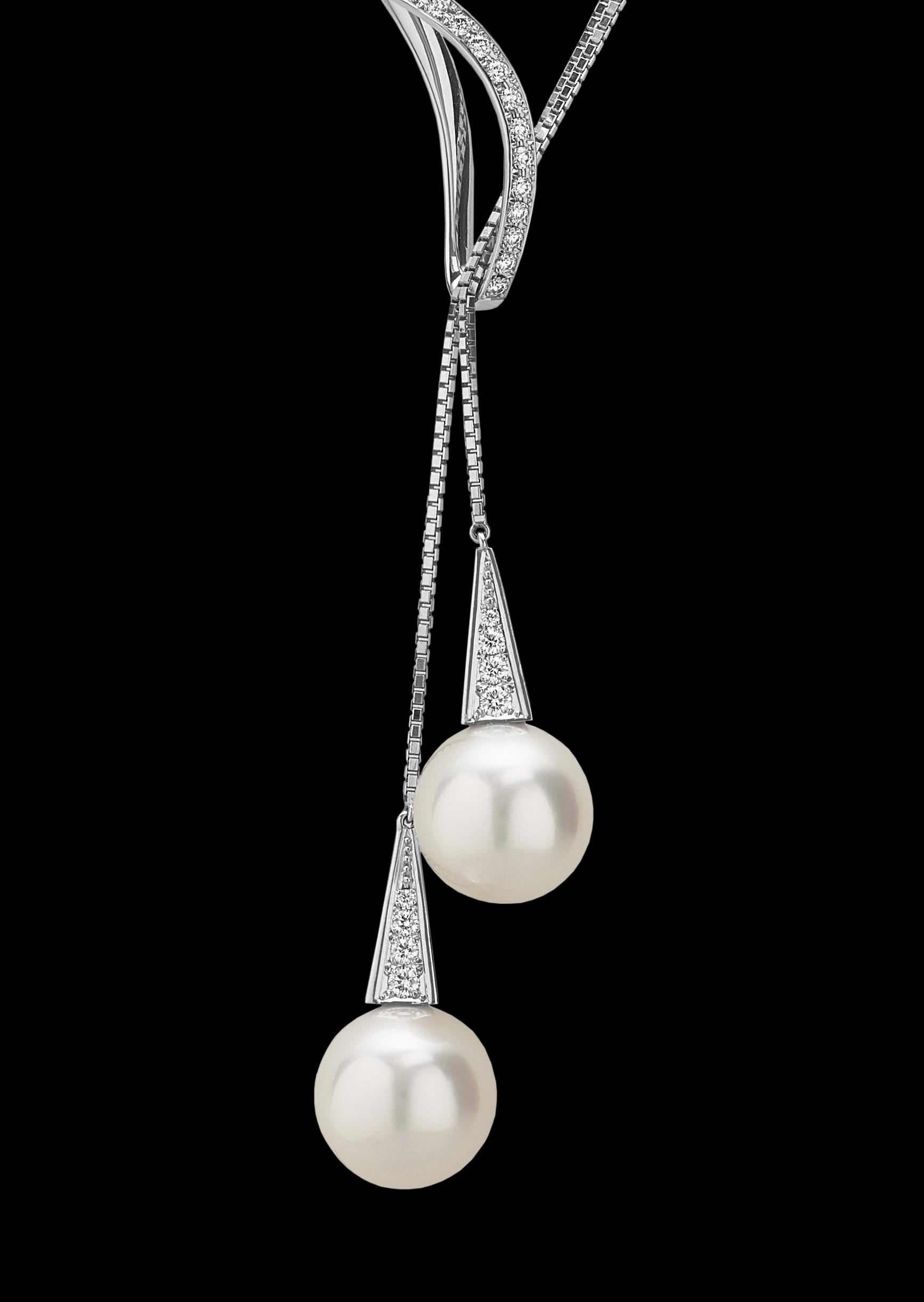 Women's Mikimoto Pearl Necklace/Choker, Wave Design with Diamonds in 18K White Gold