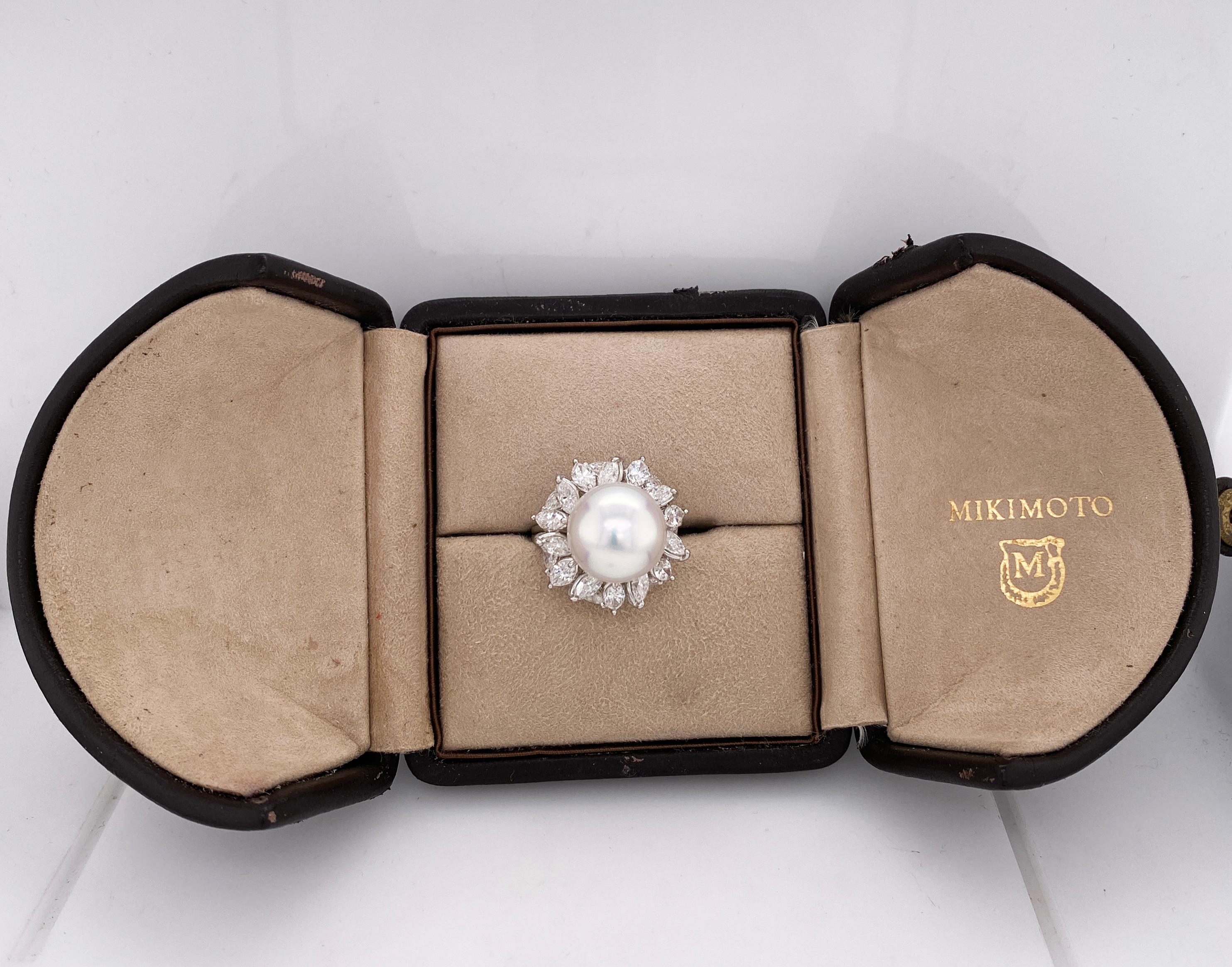 Modern Mikimoto South Sea Pearl Marquise Diamond 18 Karat White Gold Cocktail Ring