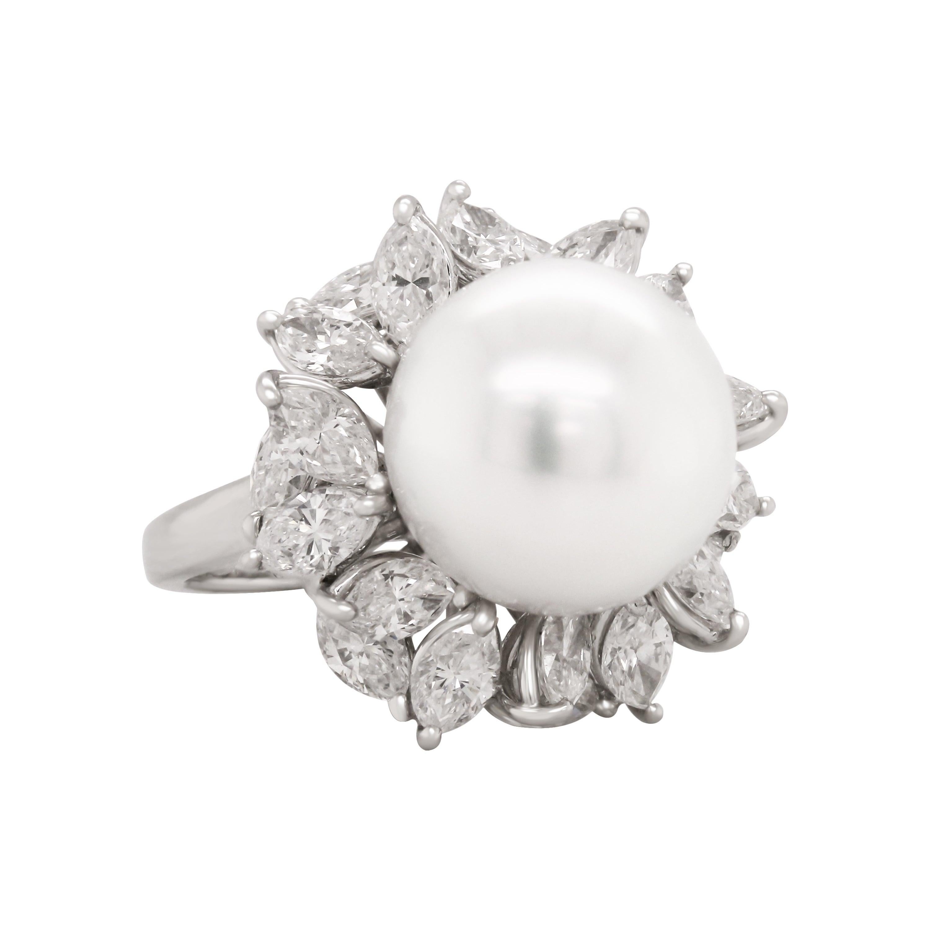 Mikimoto South Sea Pearl Marquise Diamond 18 Karat White Gold Cocktail Ring