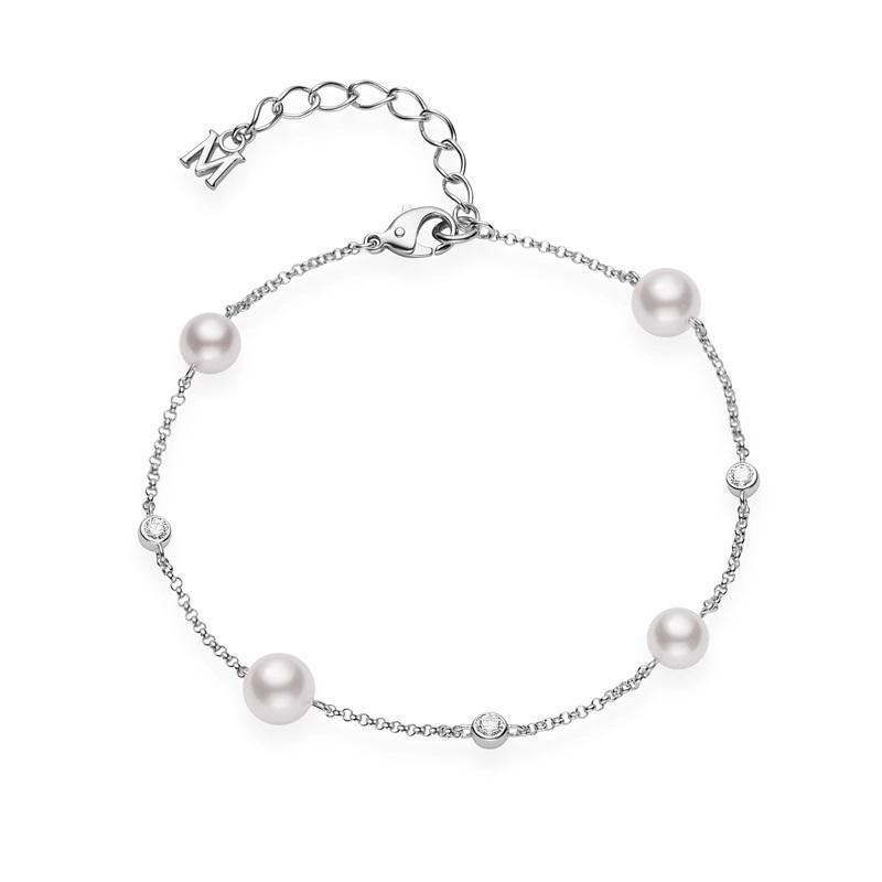 Women's or Men's Mikimoto Cultured Pearl and Diamond Station Bracelet MDQ10036ADXW For Sale