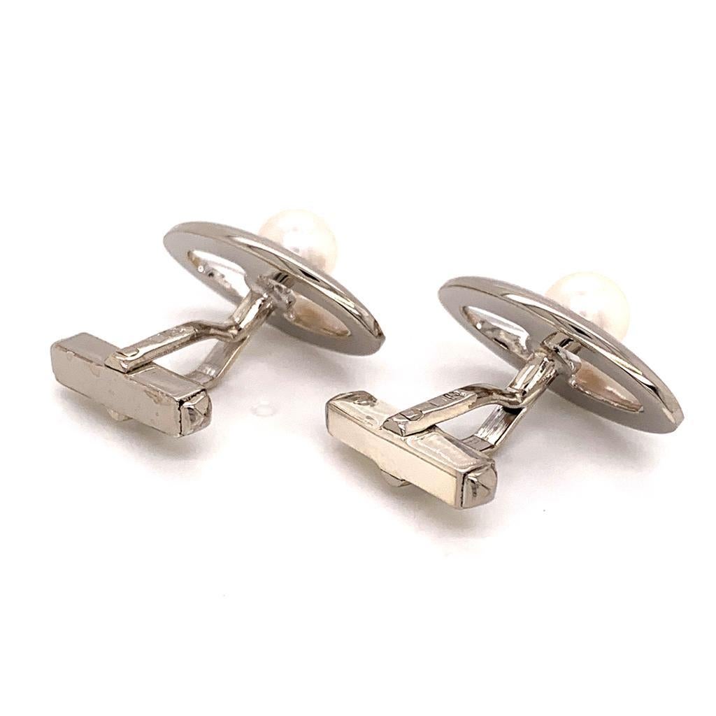 Modern Sterling Silver Cufflinks With Pearls By Mikimoto 4.54 Grams 6.65 mm M128