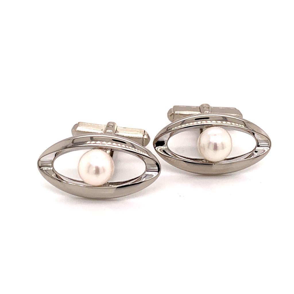 Round Cut Sterling Silver Cufflinks With Pearls By Mikimoto 4.54 Grams 6.65 mm M128