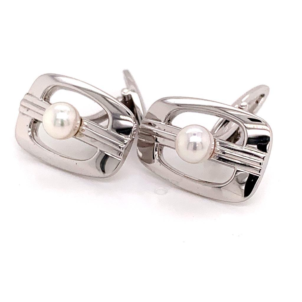 Round Cut Sterling Silver Cufflinks With Pearls By Mikimoto 6.14 Grams 6 mm M125