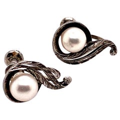 Retro Sterling Silver Earrings With Pearls by Mikimoto 1.73 Grams 6.5 mm M134