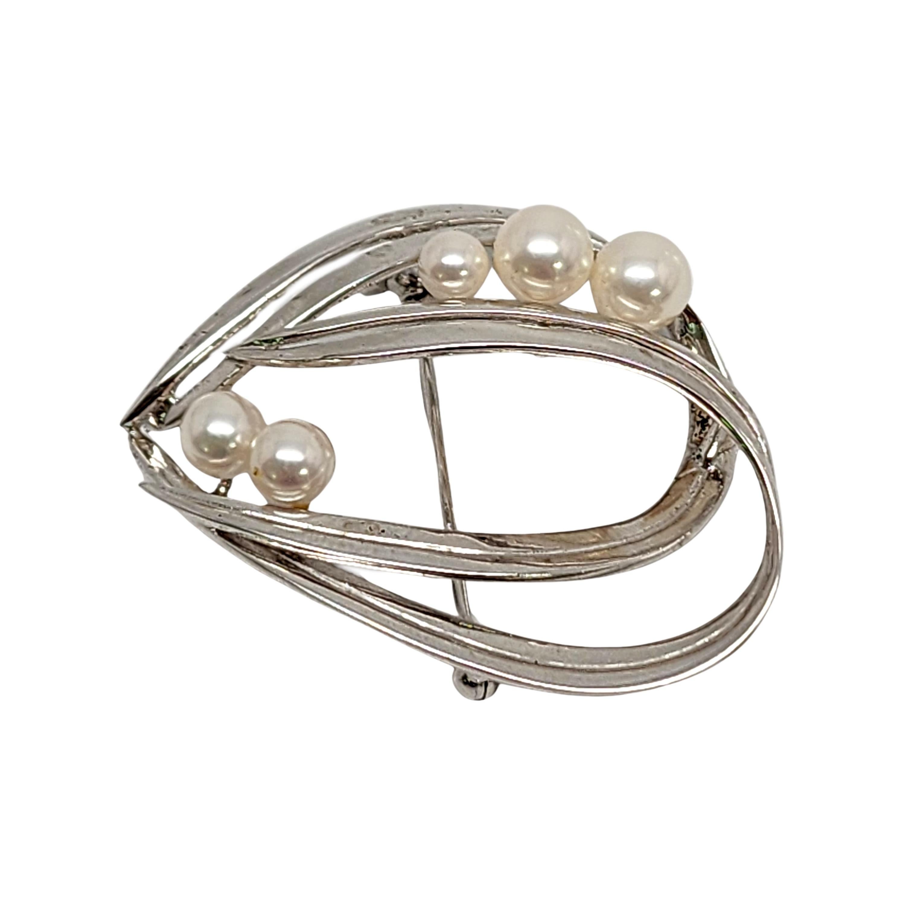 Women's Mikimoto Sterling Silver Pearl Double Loop Pin/Brooch #14648 For Sale