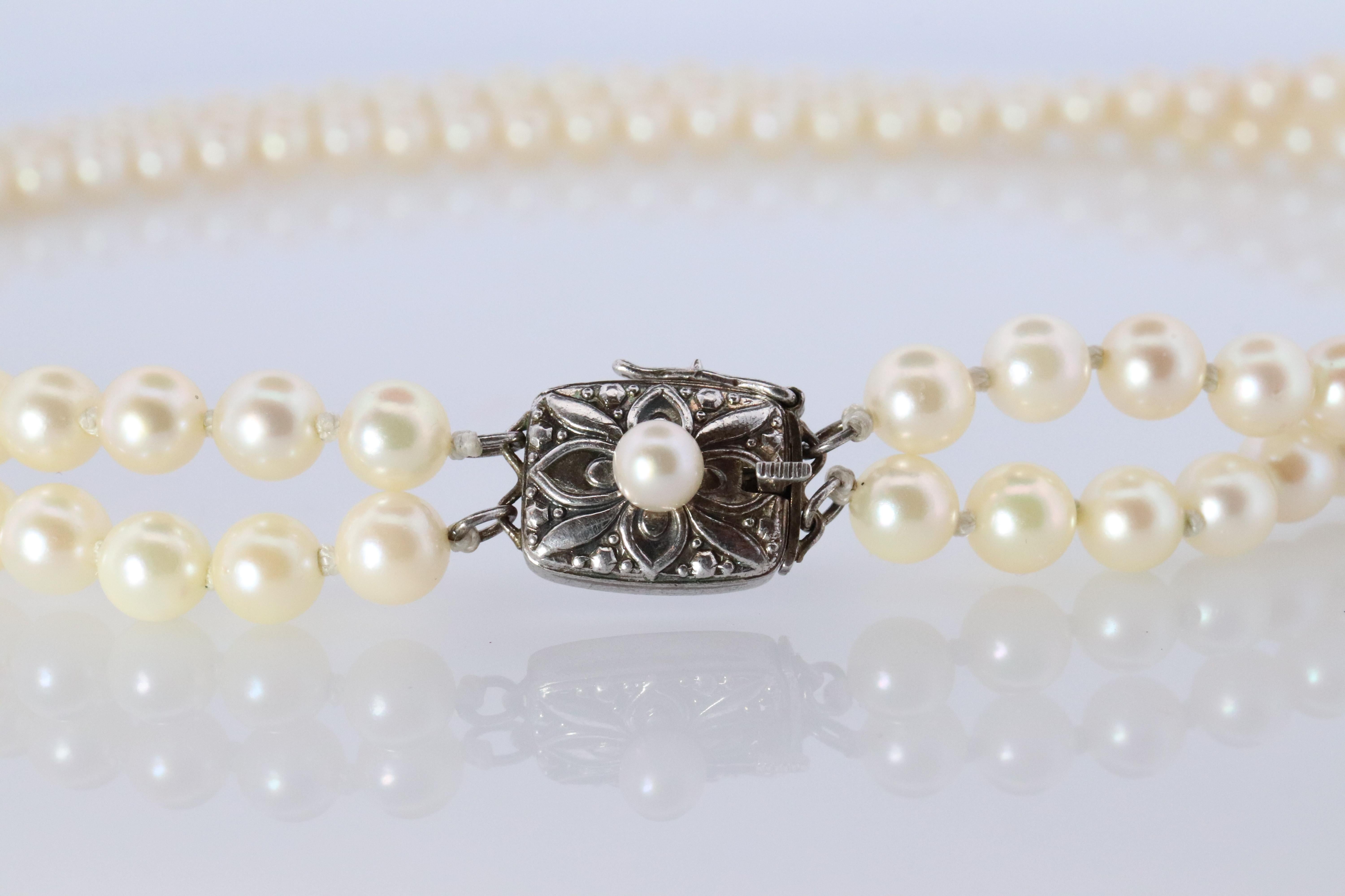 Modern MIKIMOTO Sterling Silver Pearl Necklace. Mikimoto Double Strand Necklace For Sale