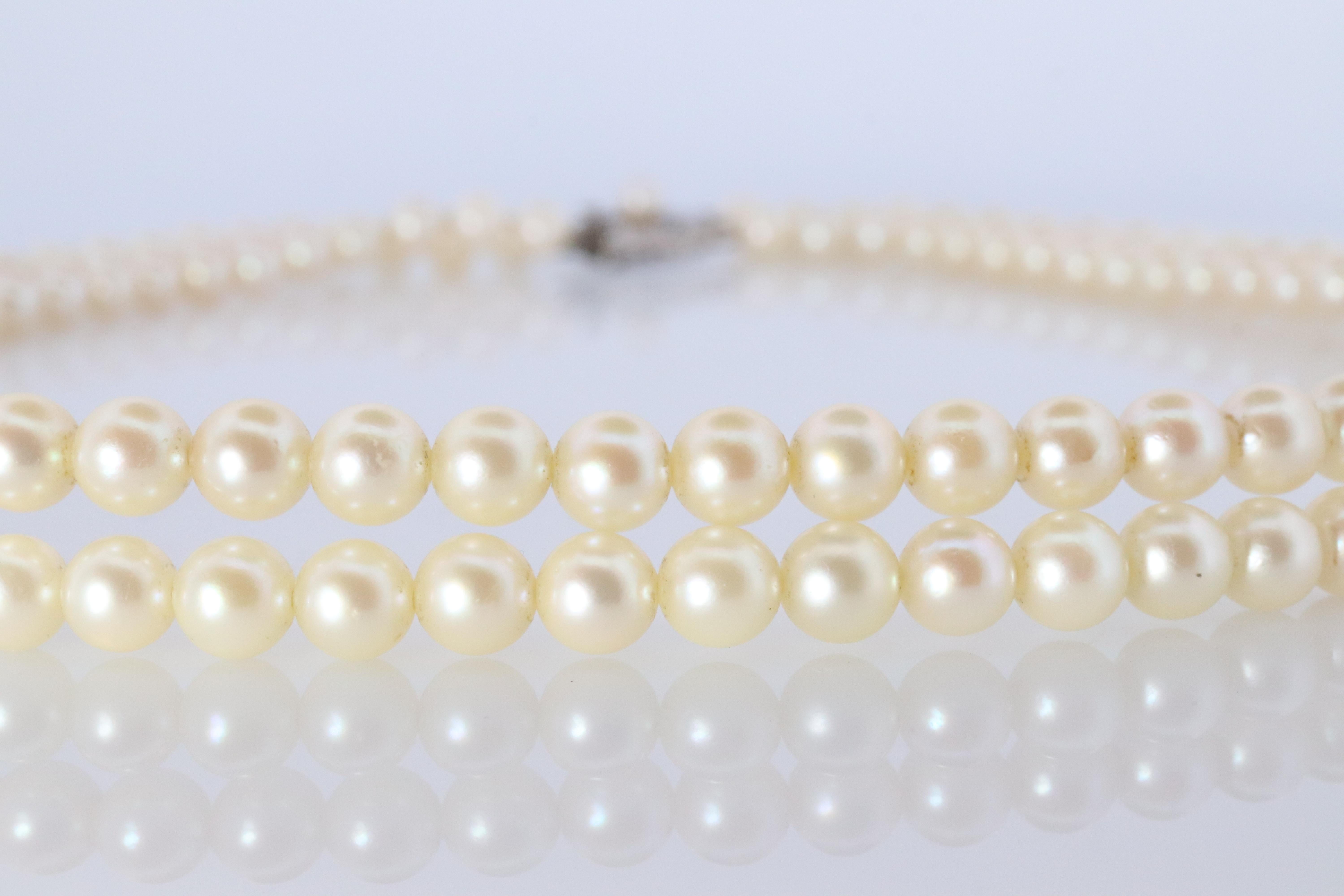 Round Cut MIKIMOTO Sterling Silver Pearl Necklace. Mikimoto Double Strand Necklace For Sale