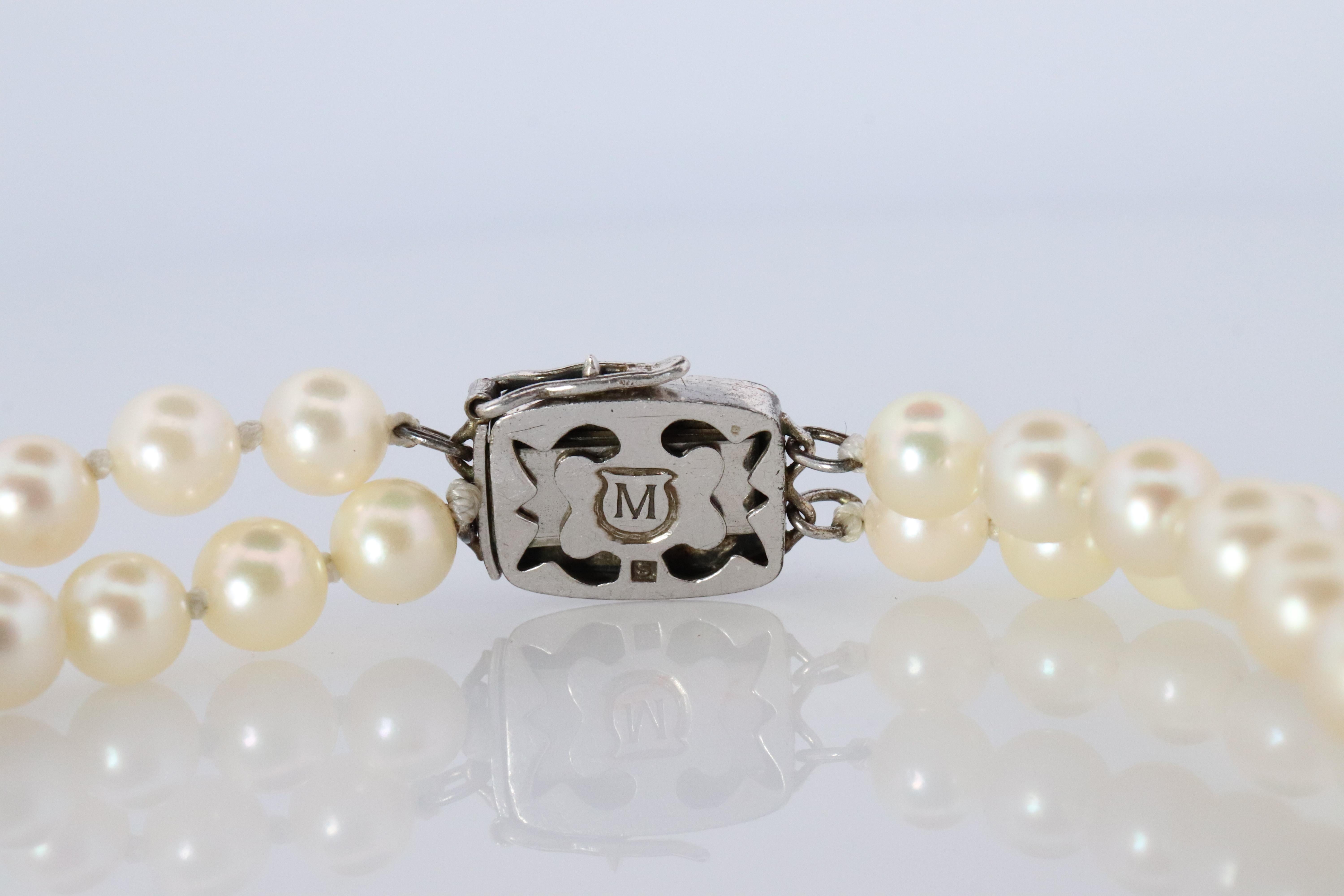 MIKIMOTO Sterling Silver Pearl Necklace. Mikimoto Double Strand Necklace In Good Condition For Sale In Port Charlotte, FL