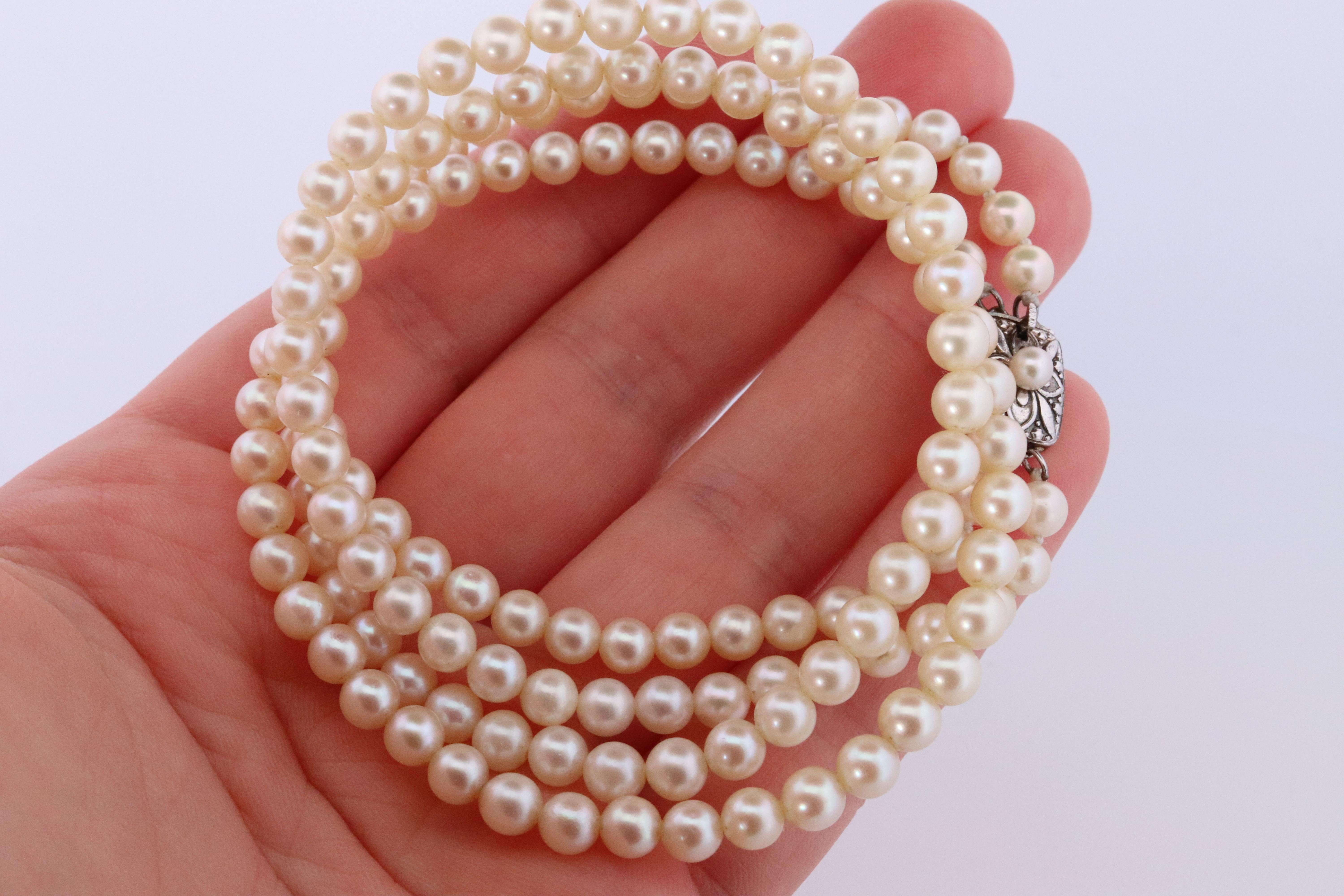 MIKIMOTO Sterling Silver Pearl Necklace. Mikimoto Double Strand Necklace For Sale 1