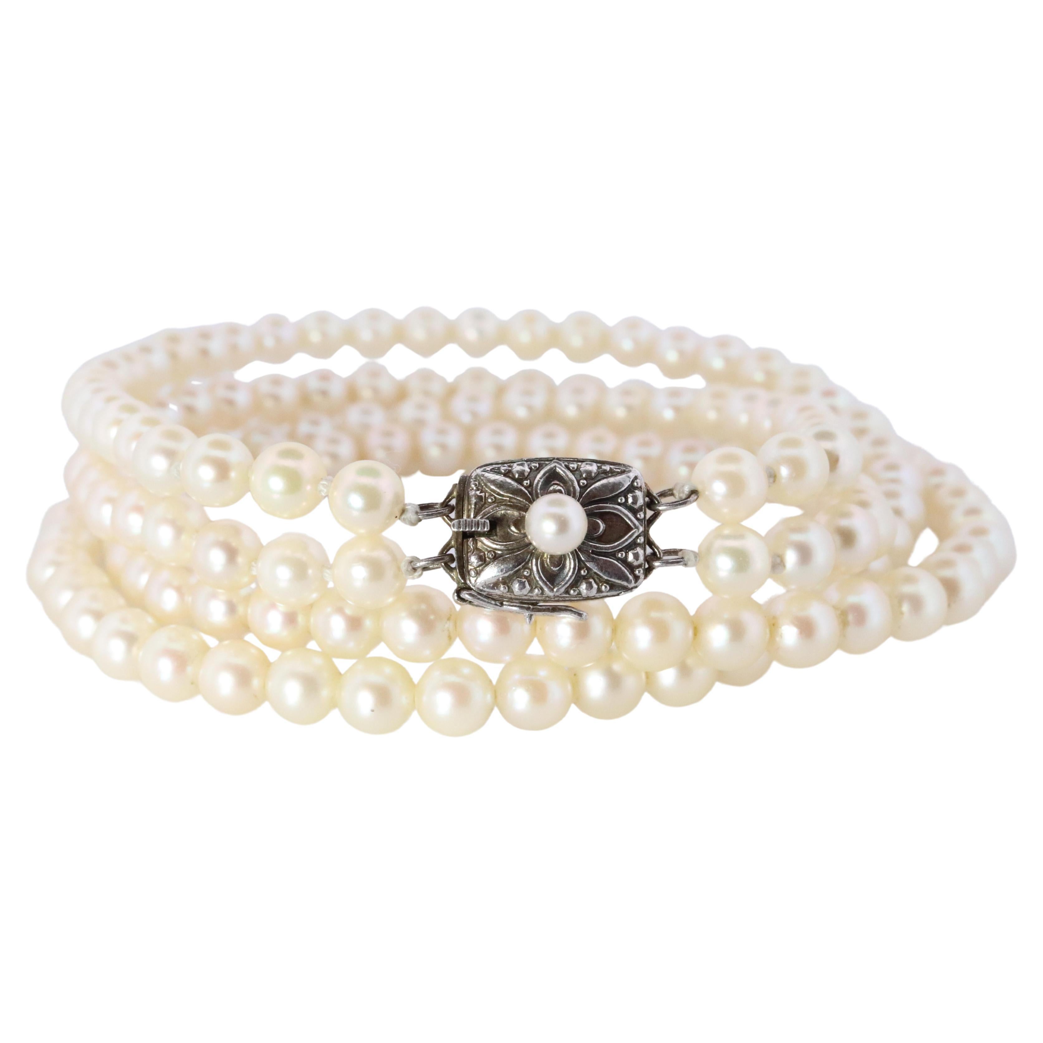MIKIMOTO Sterling Silver Pearl Necklace. Mikimoto Double Strand Necklace