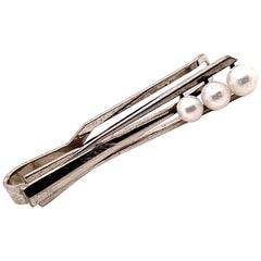 Sterling Silver Tie Bar With Pearls by Mikimoto 6.37 Grams 1.5 in M132