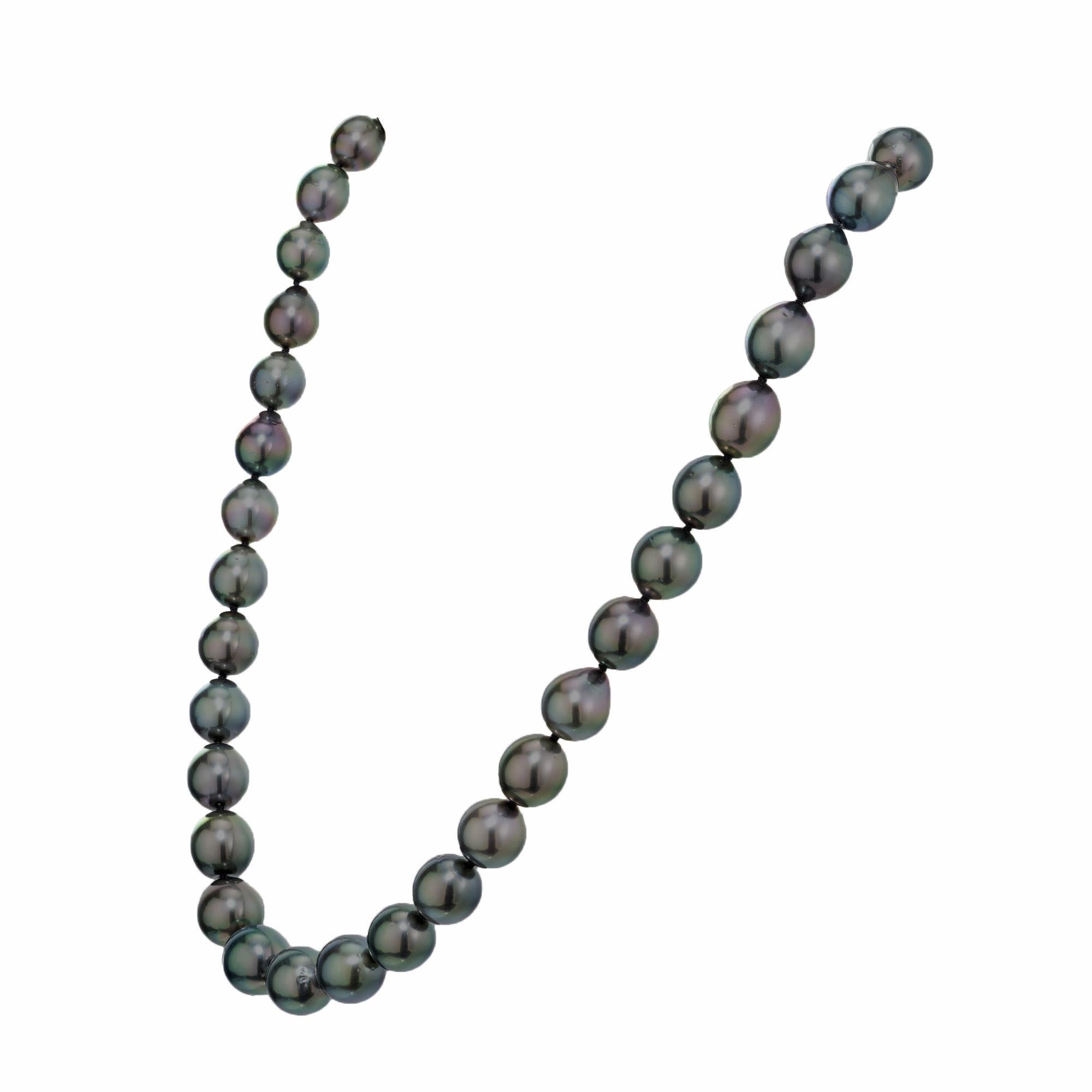 Authentic Mikimoto 18 inch black Tahitian South Sea cultured pearl necklace. Design #XNB11018NS9397.  Excellent lustre and nacre thickness. 18k white gold catch with Mikimoto hallmark around the middle. Mikimoto’s Black South Sea Cultured Pearls are