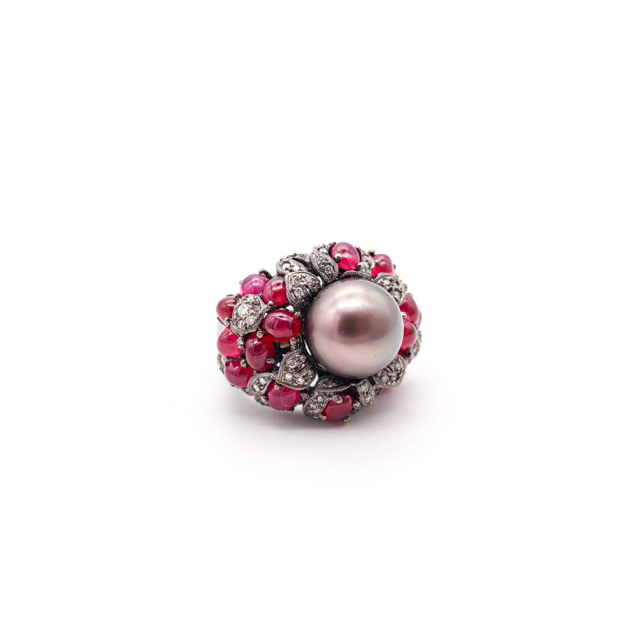 Modernist MIKIMOTO Tahitian Pearl Cocktail Ring 18Kt Gold With 9.33 Ctw Rubies & Diamonds For Sale