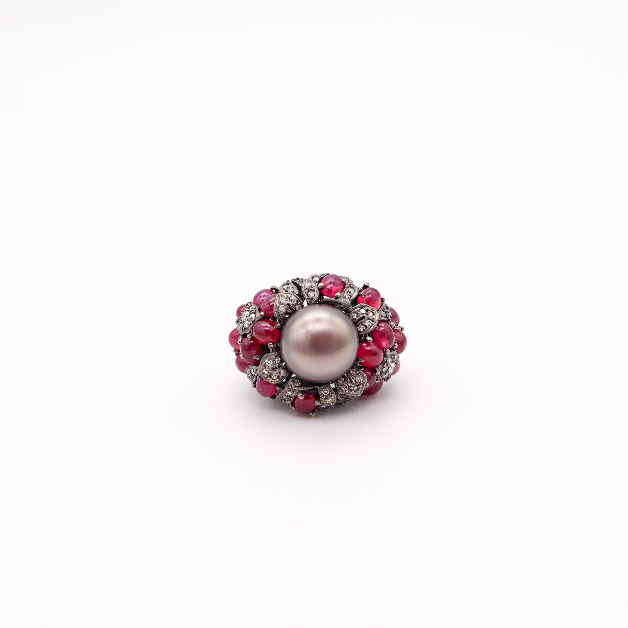 Round Cut MIKIMOTO Tahitian Pearl Cocktail Ring 18Kt Gold With 9.33 Ctw Rubies & Diamonds For Sale