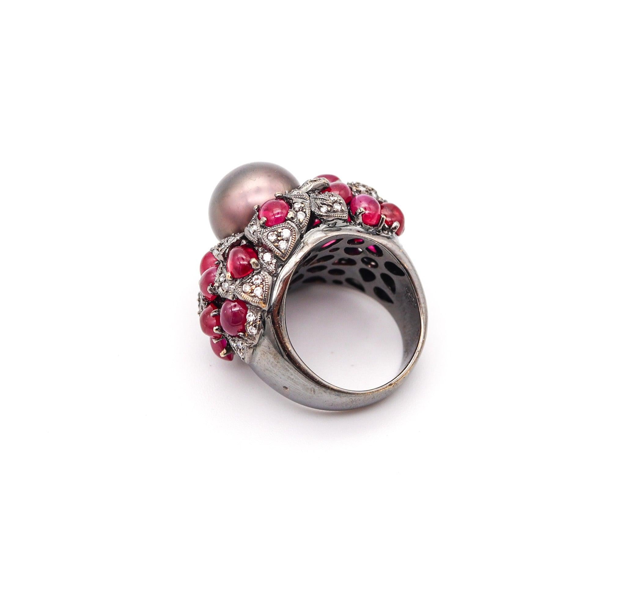 Women's MIKIMOTO Tahitian Pearl Cocktail Ring 18Kt Gold With 9.33 Ctw Rubies & Diamonds For Sale