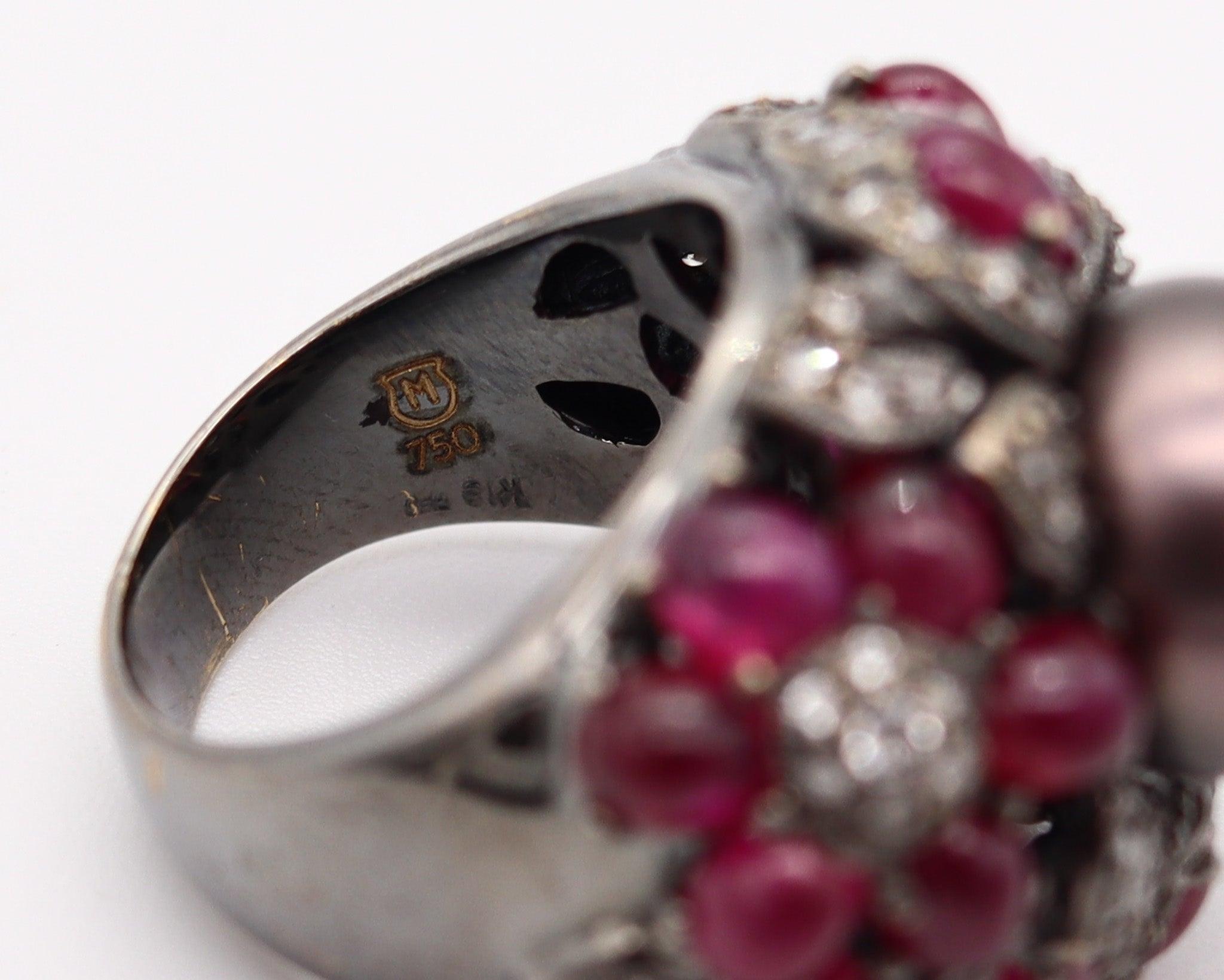 MIKIMOTO Tahitian Pearl Cocktail Ring 18Kt Gold With 9.33 Ctw Rubies & Diamonds For Sale 1