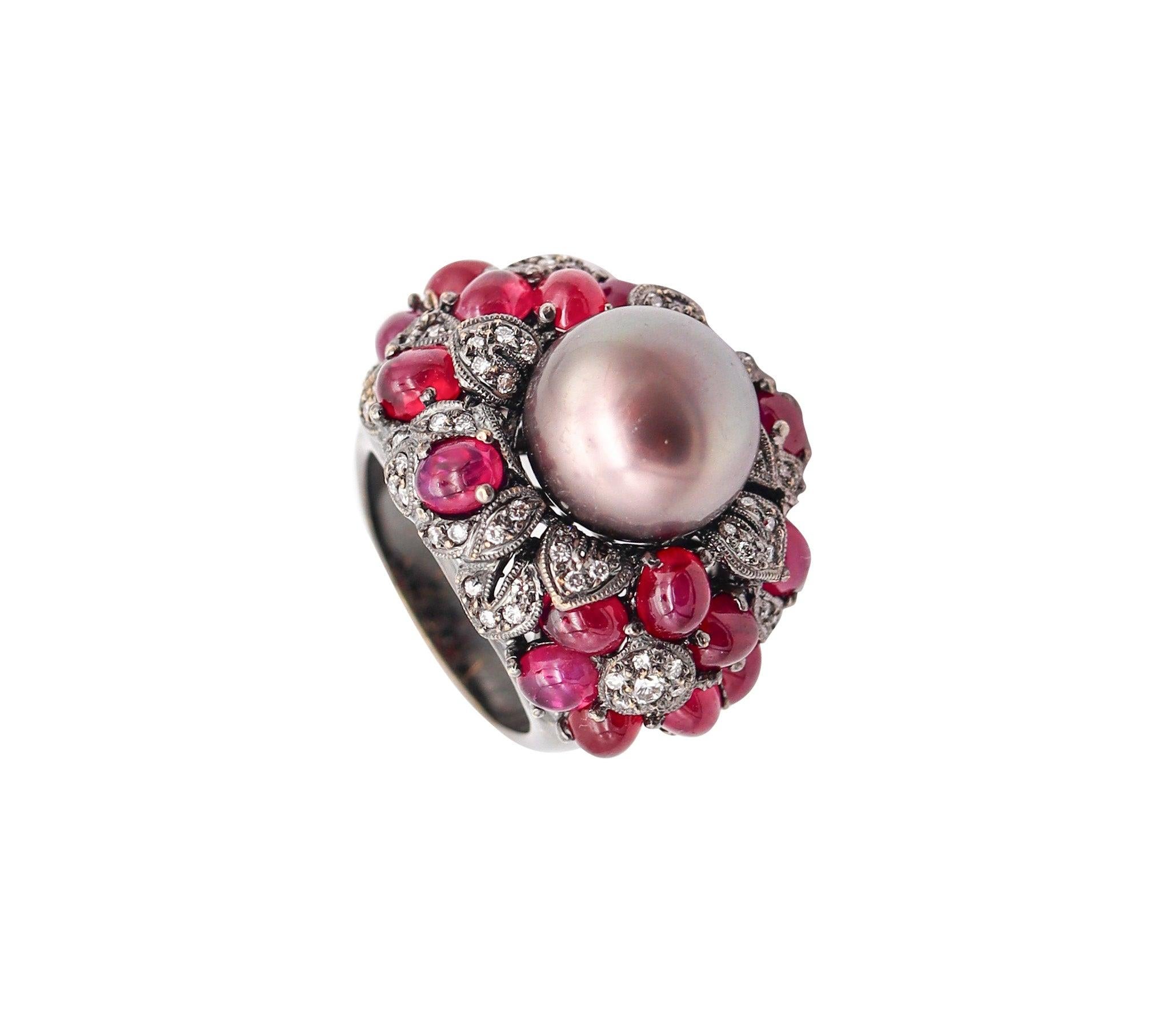 MIKIMOTO Tahitian Pearl Cocktail Ring 18Kt Gold With 9.33 Ctw Rubies & Diamonds For Sale 2