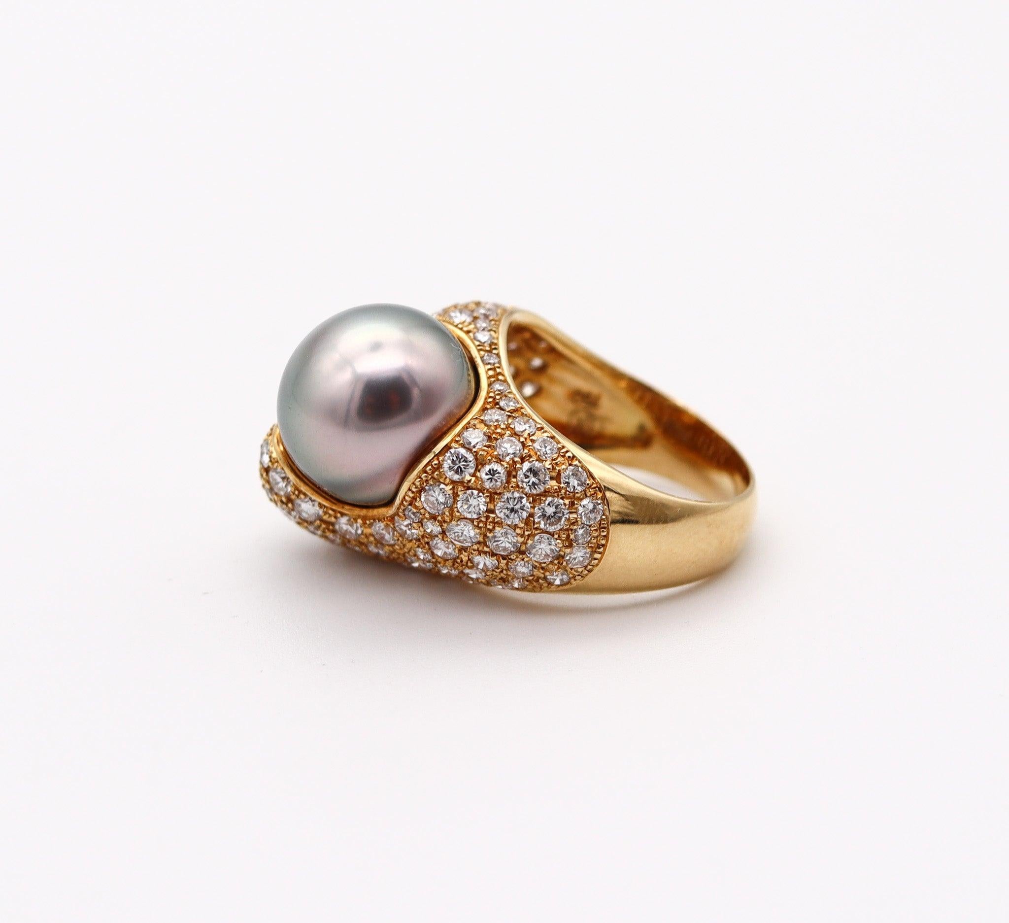 Round Cut MIKIMOTO Tahitian Pearl Cocktail Ring In 18Kt Yellow Gold With 3.29 Ctw Diamonds For Sale