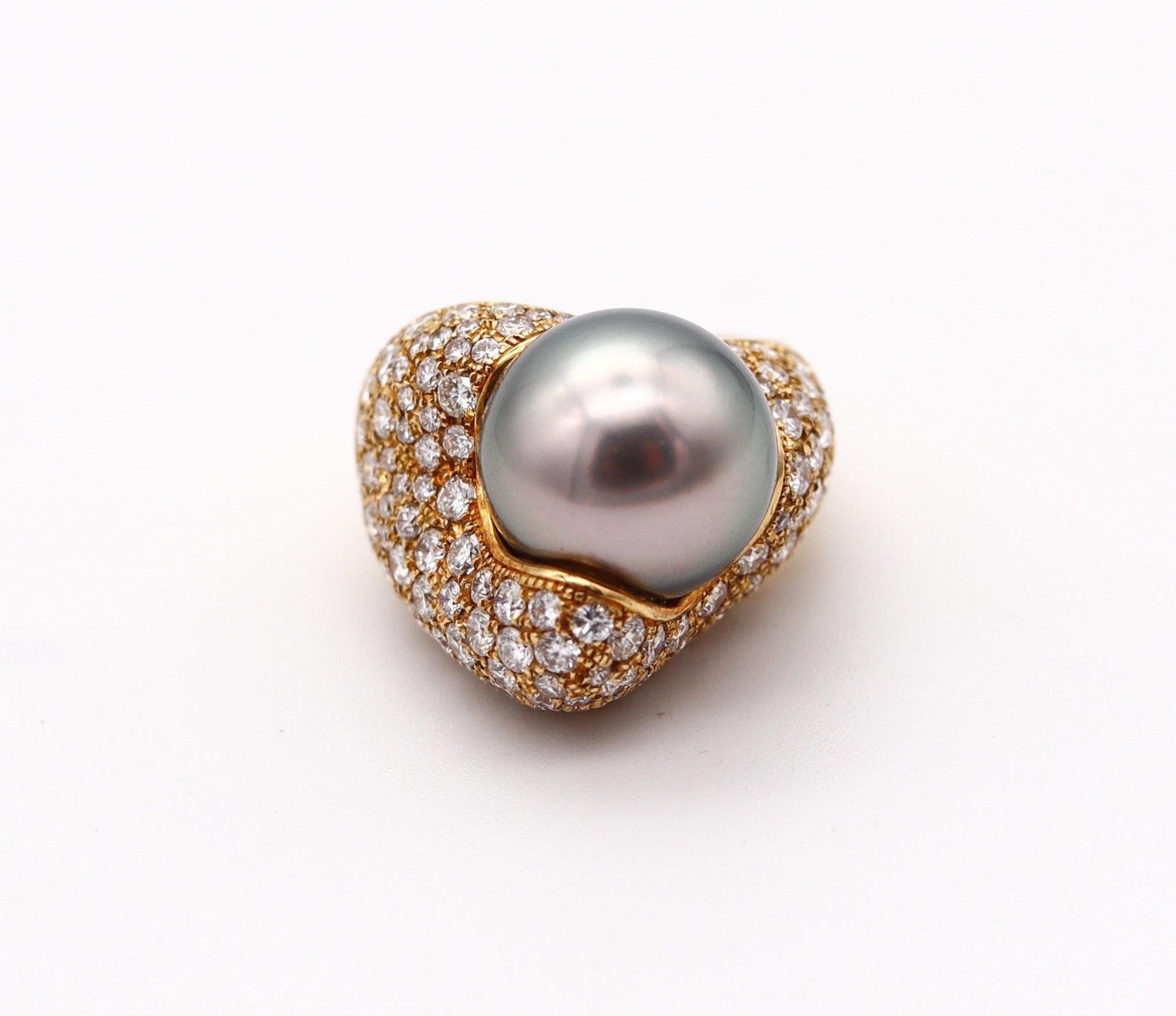 Women's MIKIMOTO Tahitian Pearl Cocktail Ring In 18Kt Yellow Gold With 3.29 Ctw Diamonds For Sale
