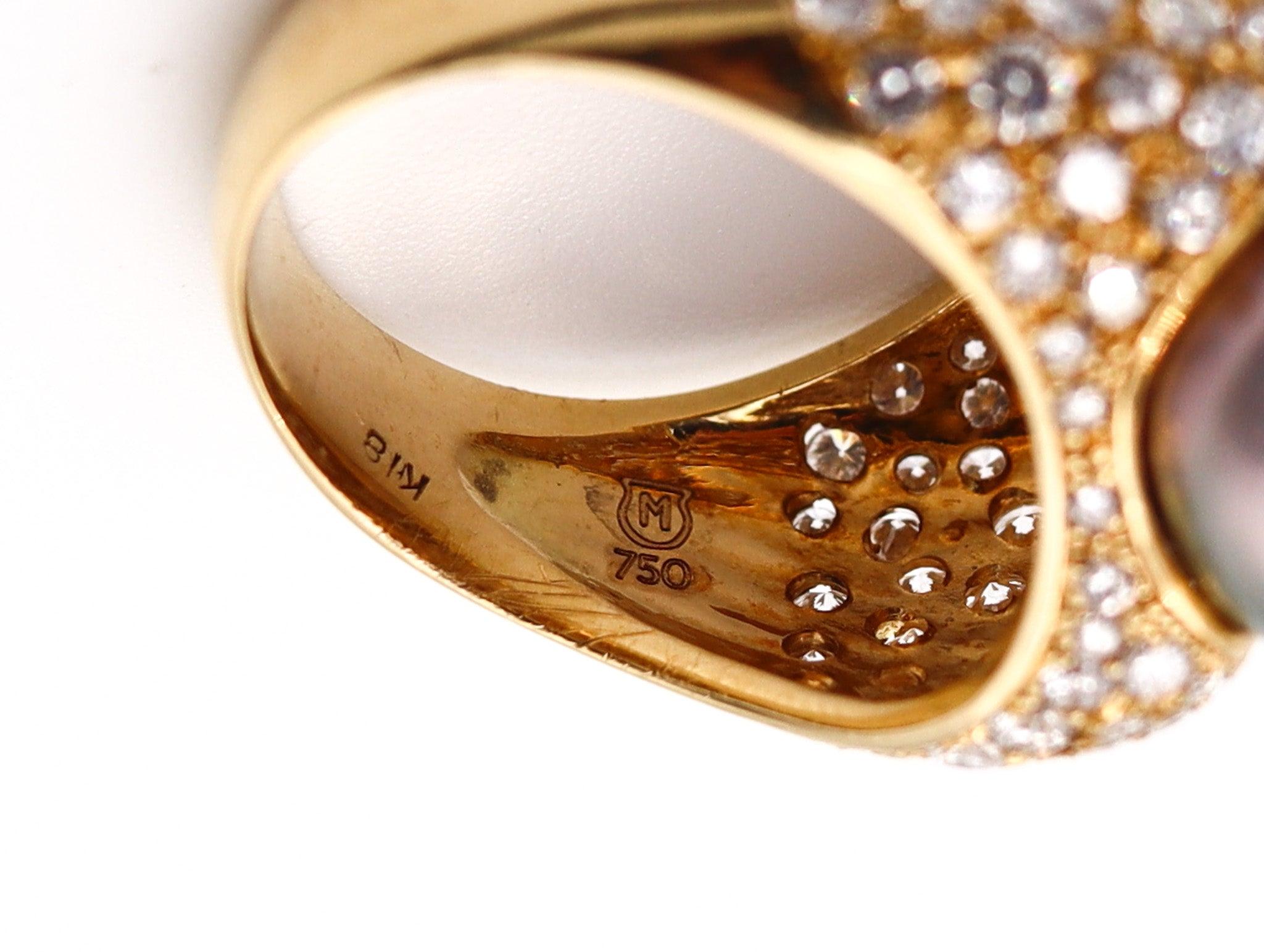 MIKIMOTO Tahitian Pearl Cocktail Ring In 18Kt Yellow Gold With 3.29 Ctw Diamonds For Sale 1