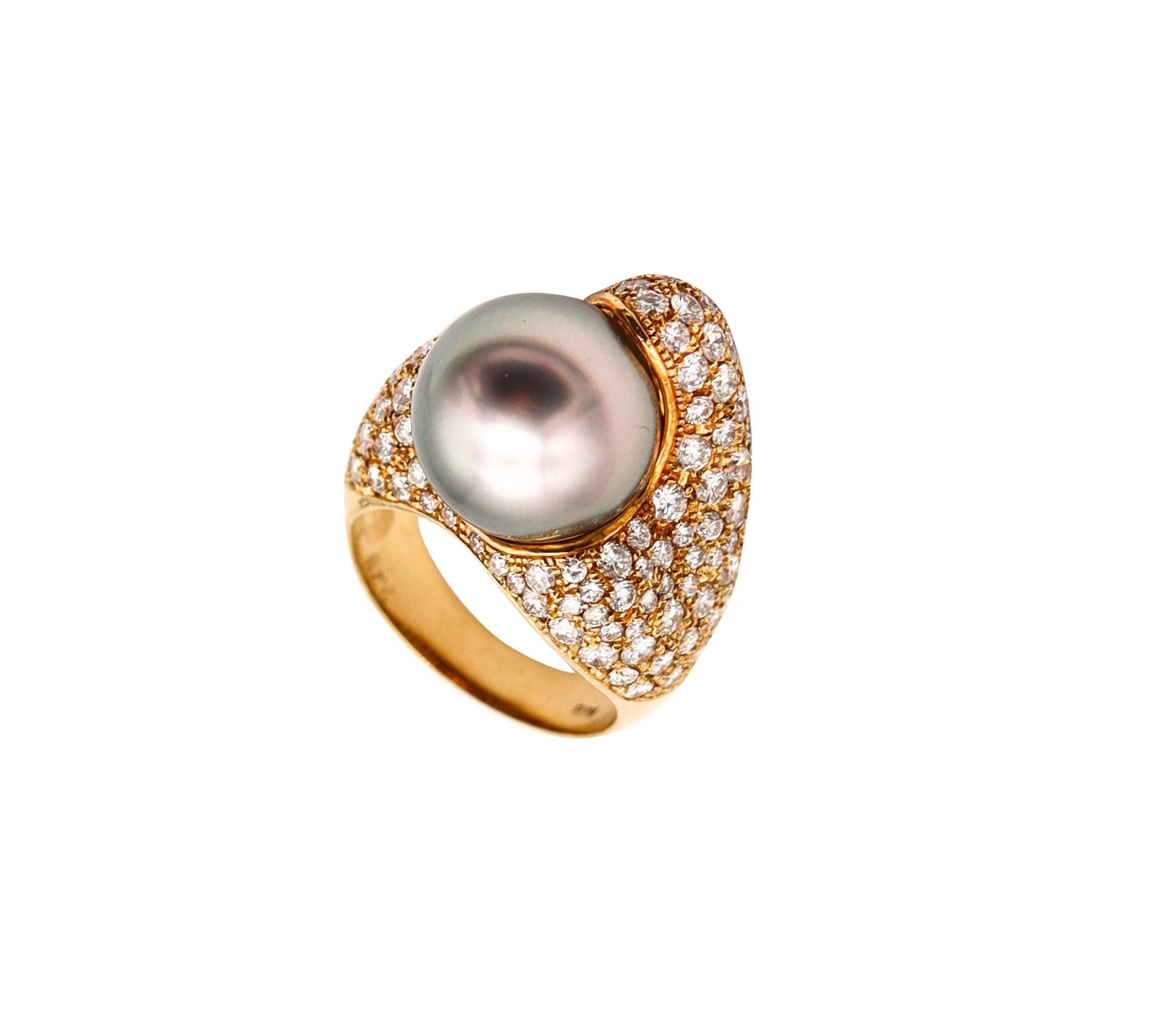 MIKIMOTO Tahitian Pearl Cocktail Ring In 18Kt Yellow Gold With 3.29 Ctw Diamonds For Sale 2