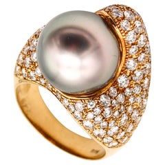 Mikimoto Anello Cocktail con Perla di Tahiti in Oro Giallo 18Kt e Diamanti 3,29 Ctw