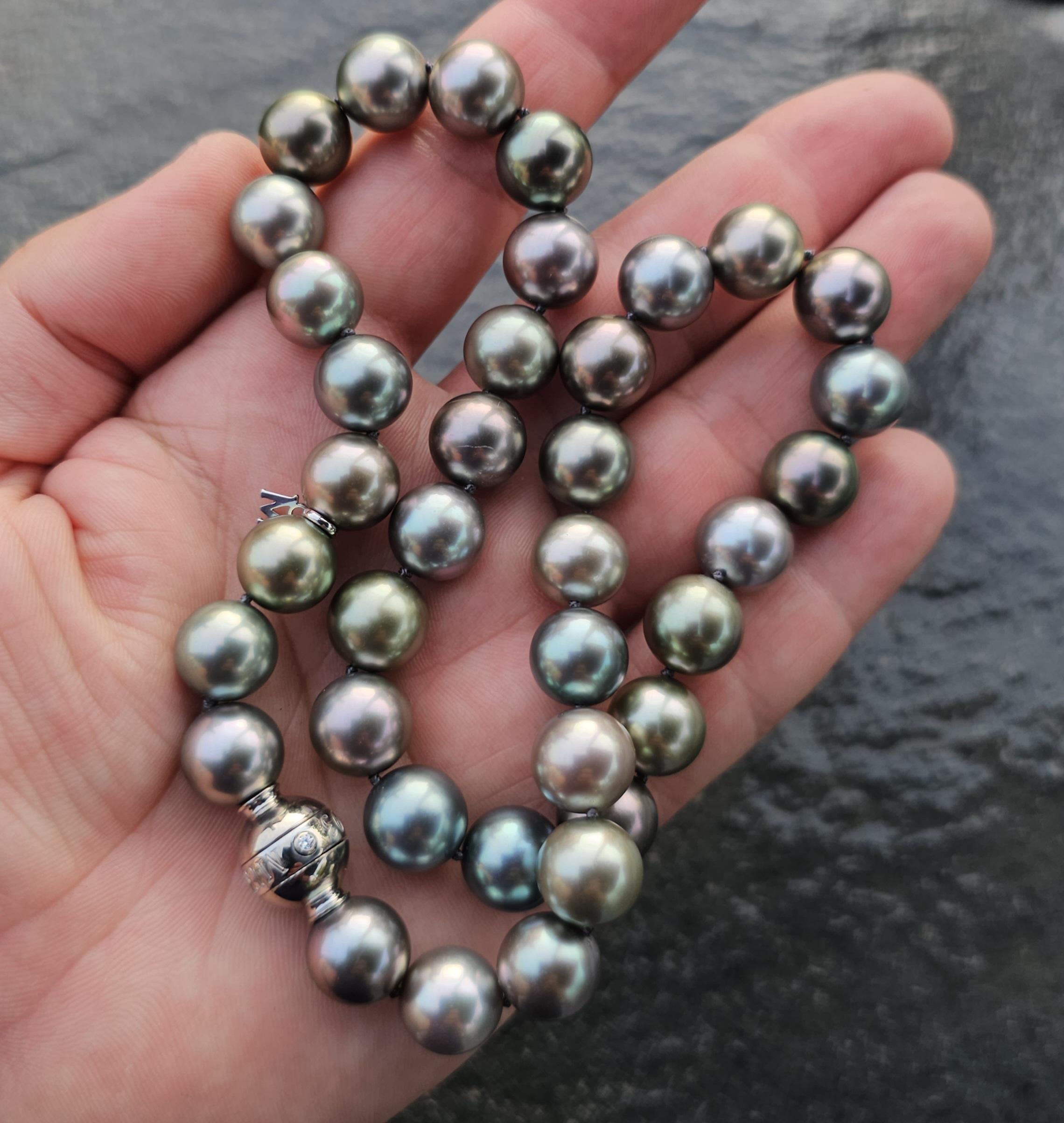 This Mikimoto necklace is a luxurious piece of fine jewelry that exudes elegance. The necklace features lustrous gray Tahitian pearls, each with a unique iridescence, creating a captivating visual effect. The clasp is 18k white gold with a small