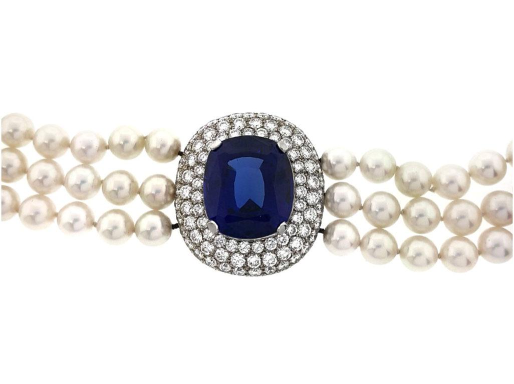 Women's Mikimoto Tanzanite, Diamond & Pearl Choker Necklace in 18k White Gold For Sale