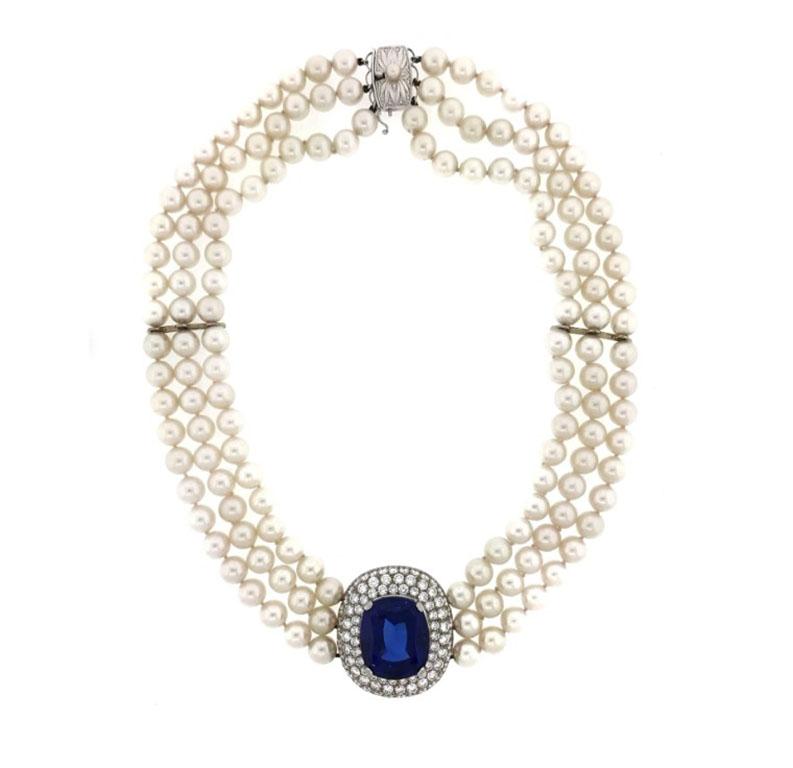 Mikimoto Tanzanite, Diamond & Pearl Choker Necklace in 18k White Gold For Sale 1