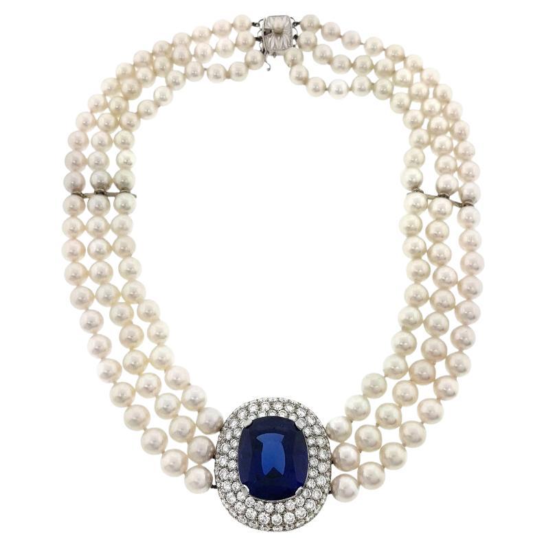 Mikimoto Tanzanite, Diamond & Pearl Choker Necklace in 18k White Gold For Sale