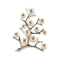 Mikimoto Tree Brooch 18K White Gold and Pearls