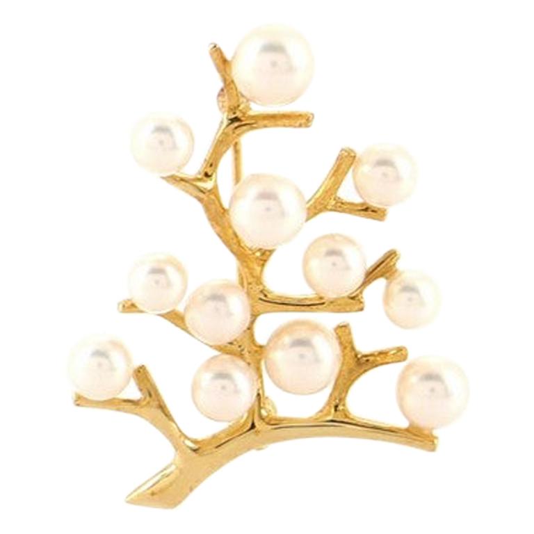 Mikimoto Tree Brooch 18K Yellow Gold and Cultured Pearls