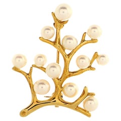 Mikimoto Tree Brooch 18K Yellow Gold and Cultured Pearls Small