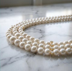 Mikimoto Triple Strand Akoya Pearl Diamond Necklace in 18K Gold
