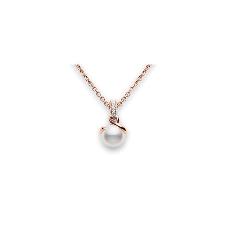 Mikimoto Twist Akoya Cultured Pearl Pendant in 18K Rose Gold. 
The Twist Collection features organic, free-form designs intended to showcase the pearl from all angles.  
Akoya Cultured Pearl 8mm 
Diamonds 0.05ct
MPA10025ADXZ